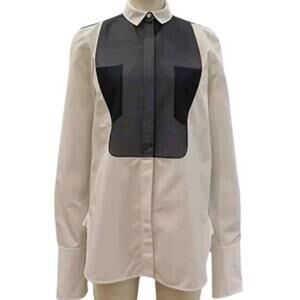 CELINE MESH BIB Button-Up Top White Navy Women's 34/XS Vintage Shirt Blouse #C